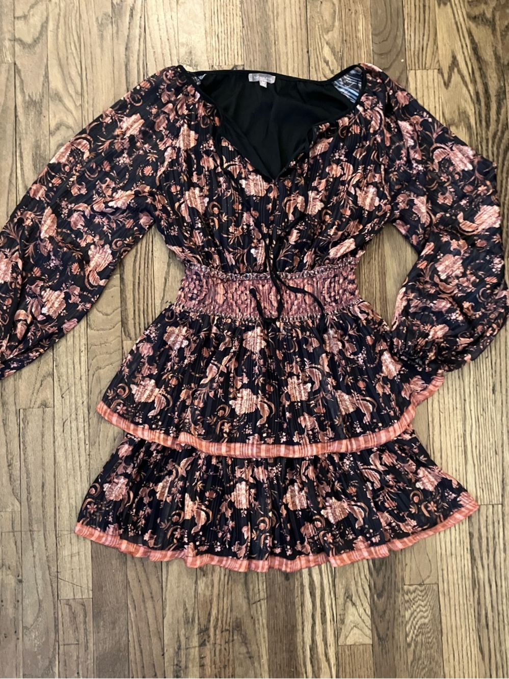 Smocked Waist Floral Mini Dress in Black and Orange Pink